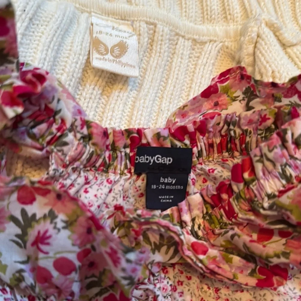 Cream Knit Hoodie with Floral Shirt and Denim Dress Set 18-24 months